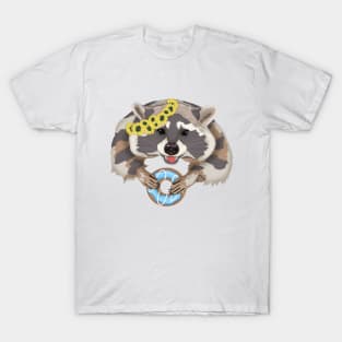 Raccoon sweet tooth with donut in a wreath of sunflowers. T-Shirt